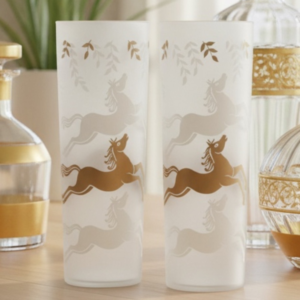 Libbey Frosted Highball Glasses White & Gold Cavalcade Galloping Horse Barware